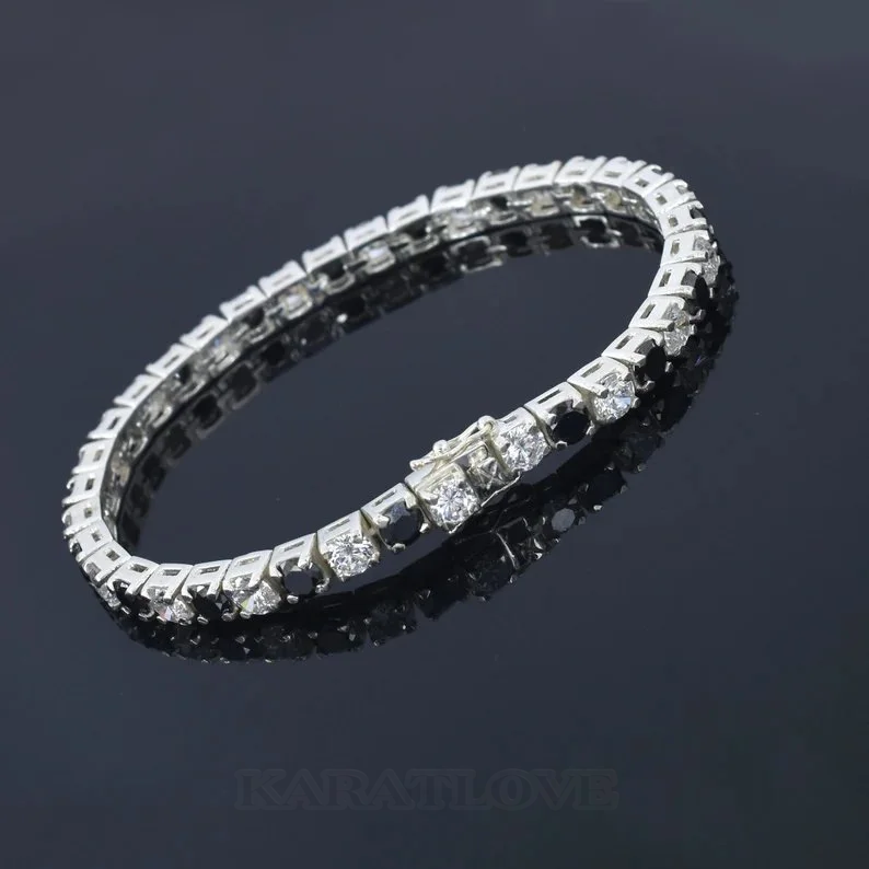3mm Black Diamond Tennis Bracelet With White Moissanites In 925 Sterling Silver