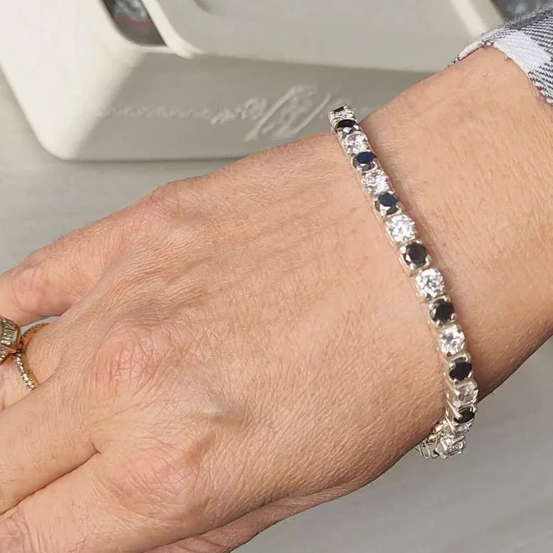 3mm Black Diamond Tennis Bracelet With White Moissanites In 925 Sterling Silver