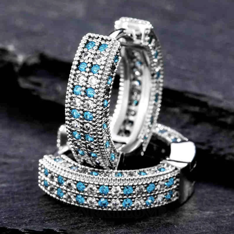 Blue&White Iced Hoop Earring In White Gold Blue&White Iced Hoop Earring In White Gold