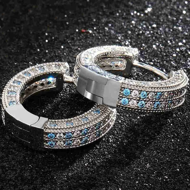 Blue&White Iced Hoop Earring In White Gold