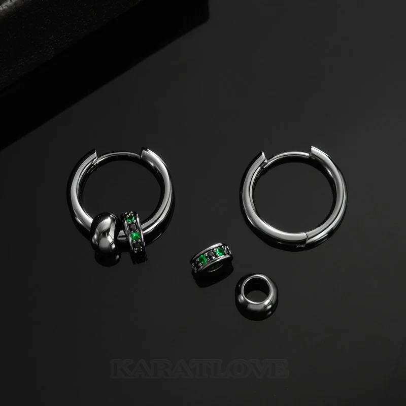 Black Punk Ball & Emerald Scattered Circle Hoop Earring