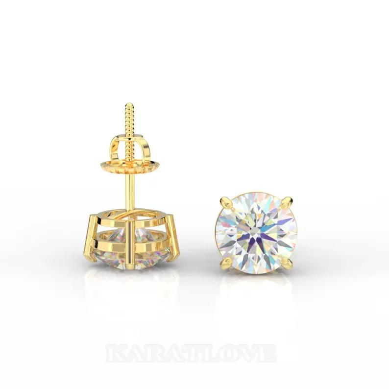 Round Yellow Gold Brilliant Cut VVS Moissanite Stud Earrings