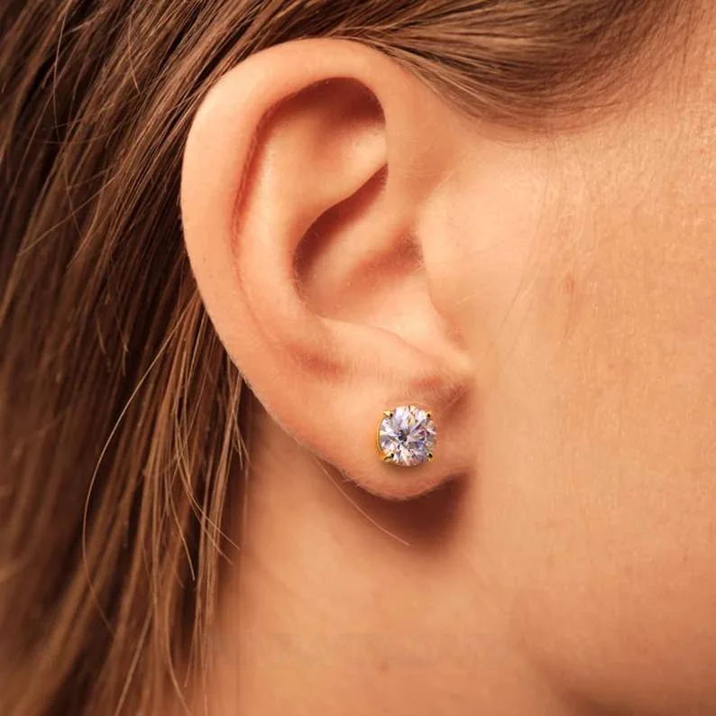 Round Yellow Gold Brilliant Cut VVS Moissanite Stud Earrings