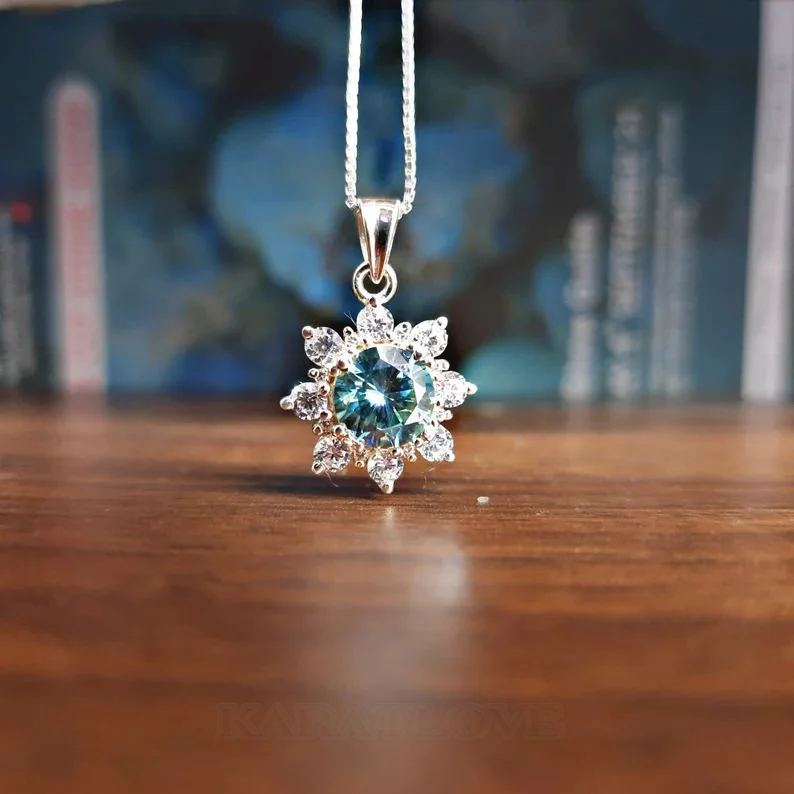 Moissanite 2ct Necklace-Blue Green Stone Necklace Gift For Her Moissanite 2ct Necklace-Blue Green Stone Necklace Gift For Her