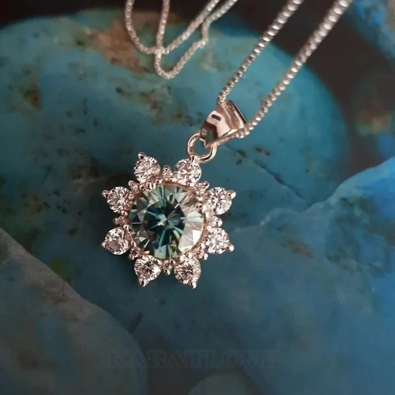 Moissanite 2ct Necklace-Blue Green Stone Necklace Gift For Her 