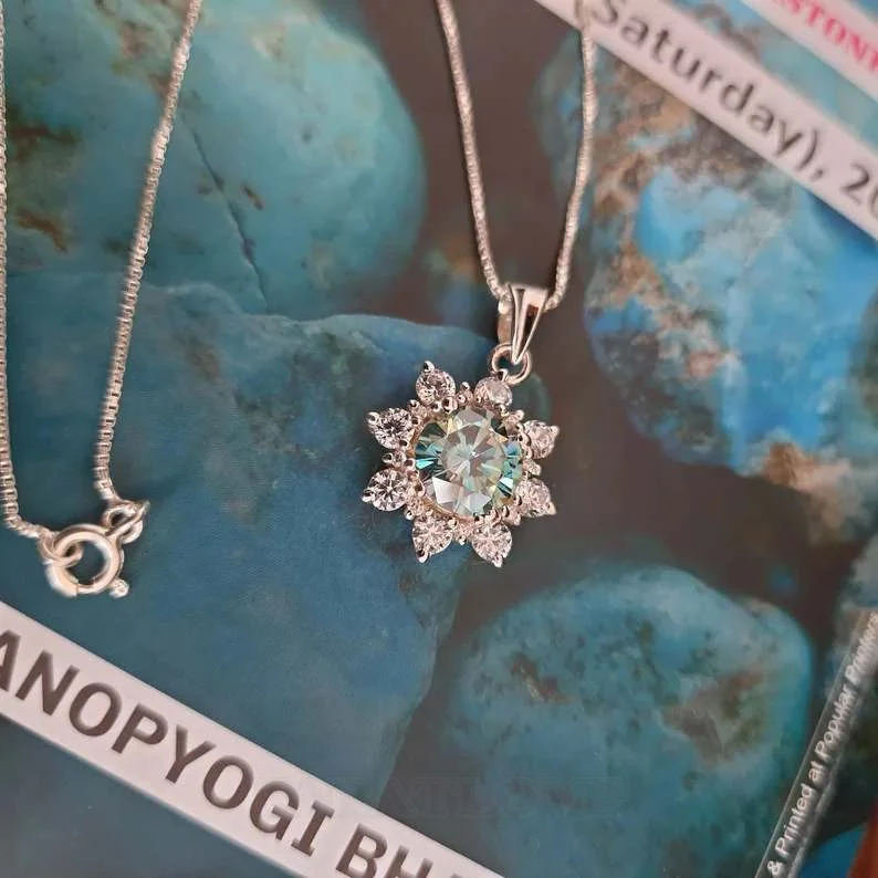 Moissanite 2ct Necklace-Blue Green Stone Necklace Gift For Her 