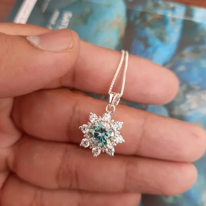 Moissanite 2ct Necklace-Blue Green Stone Necklace Gift For Her 